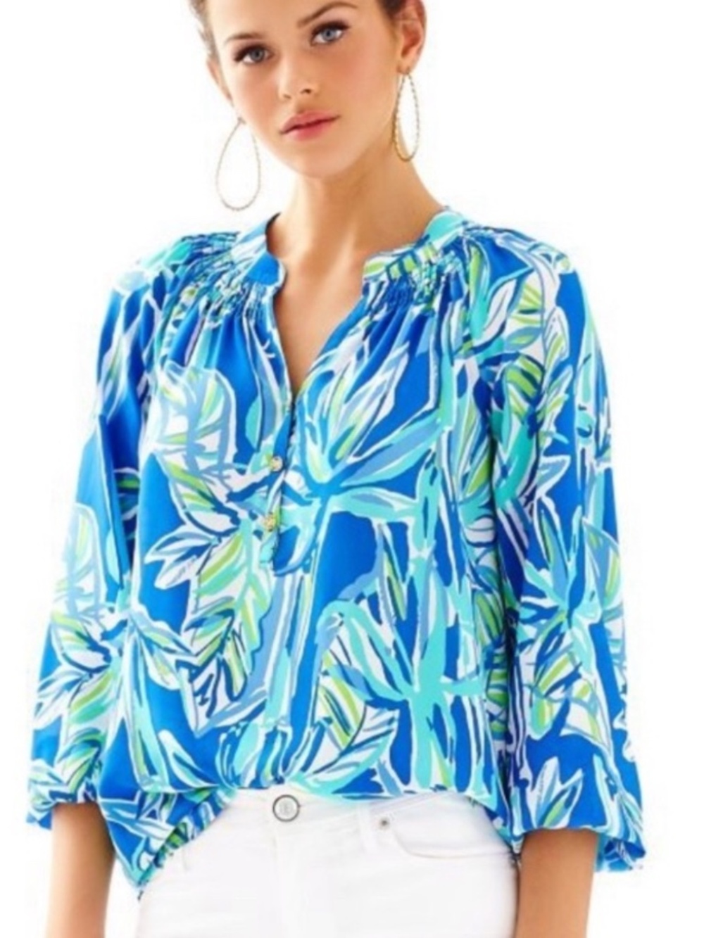 Lilly Pulitzer Silk Blue Tropical Elsa Floral Blouse Top XS